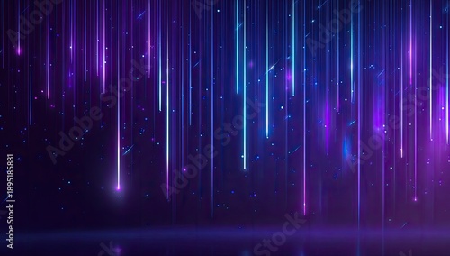 Digital background with vertical neon light streaks and glowing particles in purples and blues