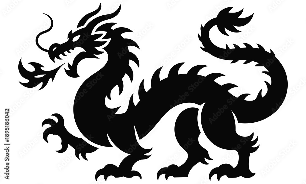 Fototapeta premium A striking black silhouette of a traditional welsh dragon with a long winding tail and claws