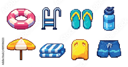 Pixel art poolside essentials: lifebuoy, ladder, flip-flops, water bottle, umbrella, towel, swim shorts, kickboard