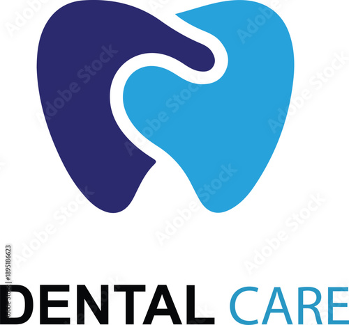 Professional dental care logo design template with tooth icon blue and navy colors representing oral health hygiene services for clinics