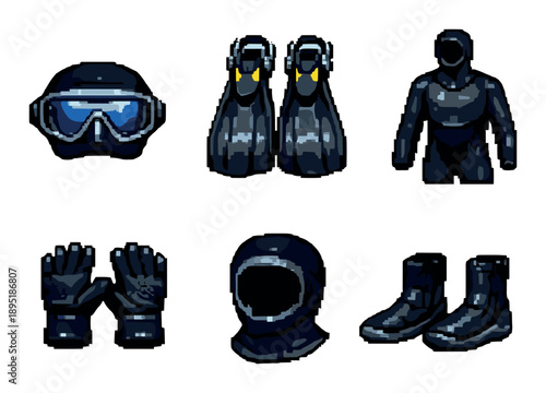 Pixel art scuba gear: mask, fins, suit, gloves, hood, boots