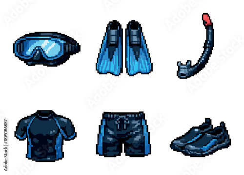 Pixel art dive gear set with snorkel and flippers in blue tones