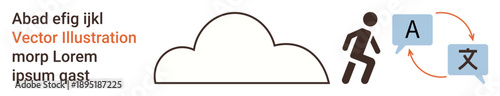 Language translation, cloud storage, global communication, digital services, multilingual support, technology education. Person with speech bubbles showing language translation process. Language