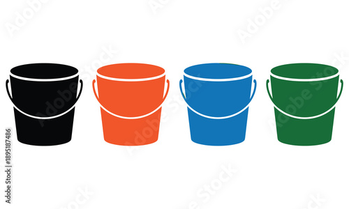 Four cylindrical buckets in black orange blue and green are displayed in a horizontal row high quality