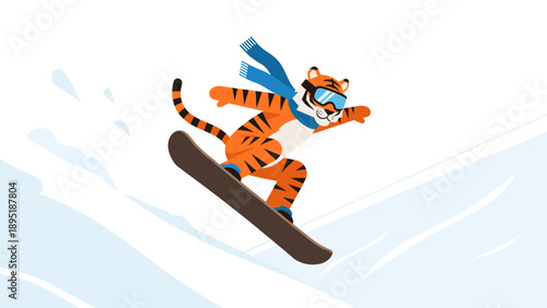 Cartoon tiger snowboarding: winter adventure with fun animal character in action
