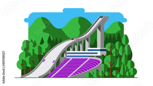 Ski jumping platform with forest and mountain background in flat design