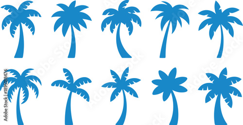 A vibrant collection of blue palm tree icons is presented on a crisp white surface