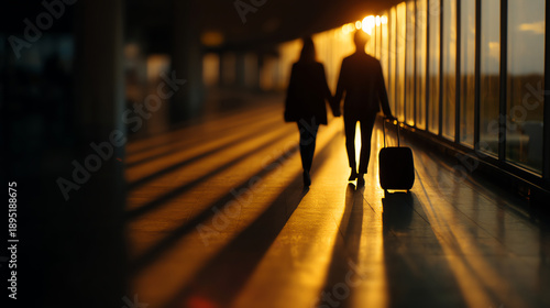 Silhouettes of two people walking hand in hand through a dimly lit corridor at sunset, with one person pulling a suitcase, casting long shadows on the floor