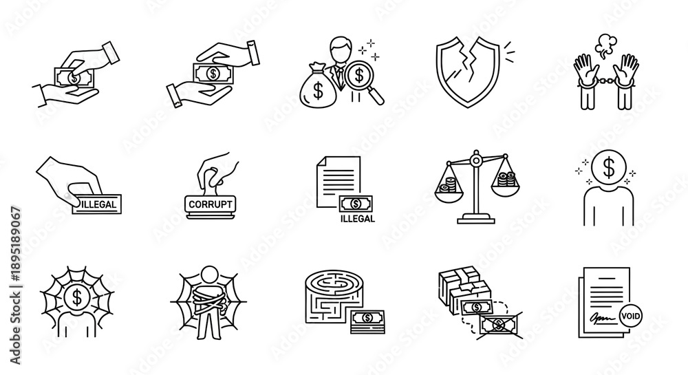 Fototapeta premium Corruption and bribery concept icons set