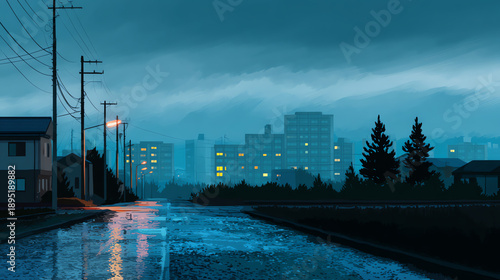 A rainy evening scene with glowing streetlights, wet roads reflecting light, silhouetted trees, and distant illuminated apartment buildings under a moody, cloudy sky