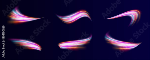 Dynamic light ribbons curve elegantly, forming radiant motion trails. Neon streaks shimmer across dark backgrounds. Perfect for futuristic visuals PNG