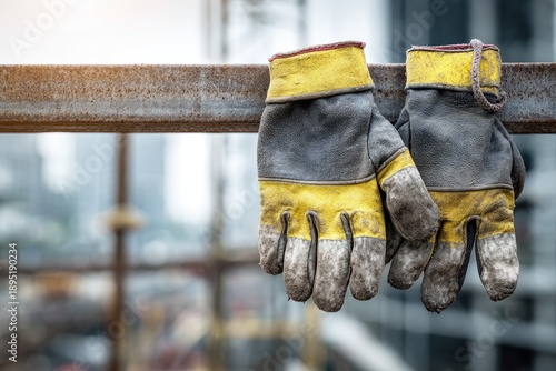 Close-up of work gloves resting on a metal beam, construction site in the background