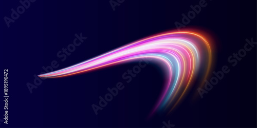Bright abstract light waves ripple with glowing neon tones. Energy flows through curved lines of speed and motion. Ideal for cyberpunk visuals PNG