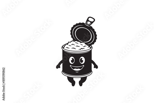 Cute Opened Tin Can Character Silhouette - Kawaii Tin Can with Rice Black and White
