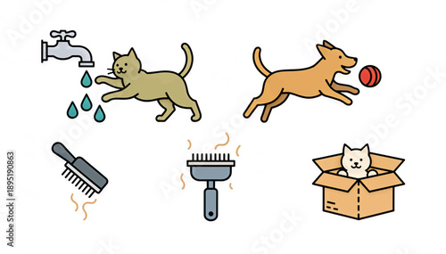 Pet care and behavior icon set. Cat and dog playing and grooming symbols. Flat line vector illustration