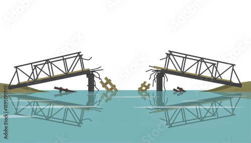 Broken footbridge over river. Destroyed bridge structure with reflection. Flat textured vector illustration