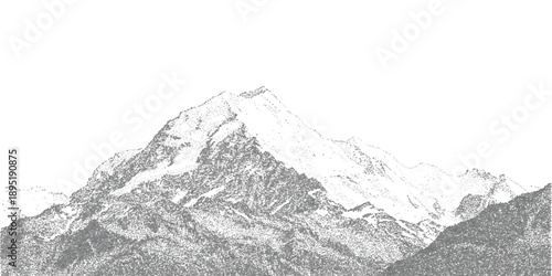 Detailed hand-drawn mountain range with snowy peaks in a stippled monochrome art style vector illustration