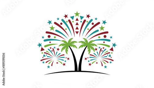 Fireworks exploding behind palm trees. Tropical beach celebration vector illustration. Flat design holiday concept