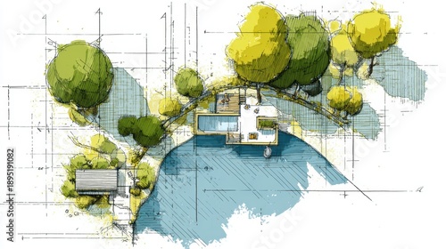 Landscape architecture plan showing a modern house with a swimming pool and deck overlooking a natural lake, featuring trees and green areas, illustrating urban planning and design concepts