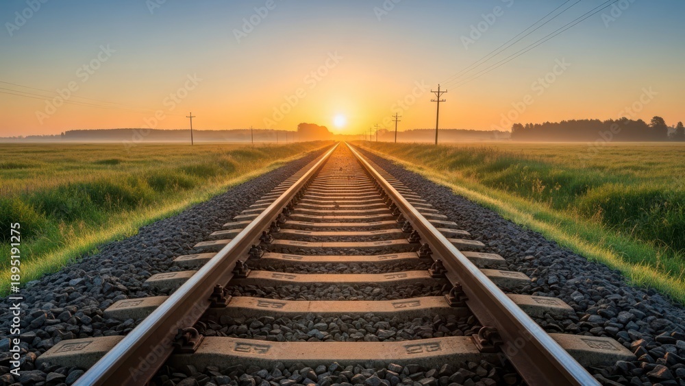 Obraz premium Railroad tracks stretching toward the sun at dawn, framed by green fields and power lines