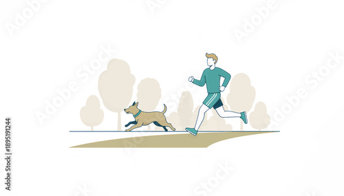 Man jogging with dog in the park. Healthy lifestyle and fitness concept. Flat design vector illustration