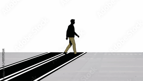 Man walking across marked street lane. Urban pedestrian and road safety concept. Minimalist vector illustration