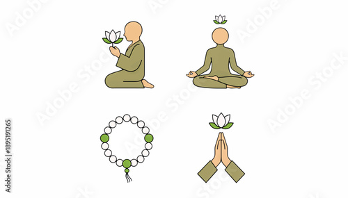 Buddhist monk and meditation icon set. Prayer, lotus, and spiritual symbols. Flat design vector illustration