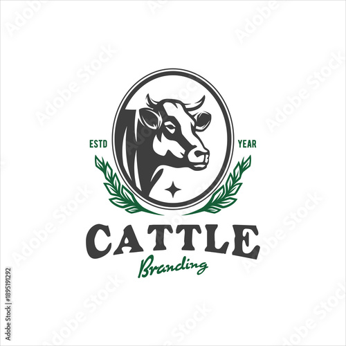 Vintage Emblem Style Black Silhouette Bull Beef Cattle Cow Farm Ranch Livestock for Premium Quality Meat or Butchery Label Logo Design