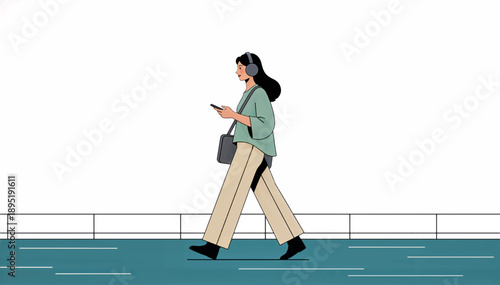 Woman walking with headphones and smartphone. Flat design vector illustration of female character listening to music