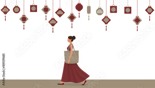 Woman walking under hanging lanterns. Flat design vector illustration of female character with shopping bag. Cultural festival and fashion lifestyle concept isolated on white