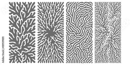 Set of abstract organic branching patterns and natural growth textures in monochrome vector illustrations for creative design projects
