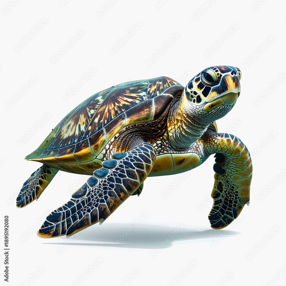 Obraz premium Green Sea Turtle Swimming, Underwater, Ocean Life, White Background