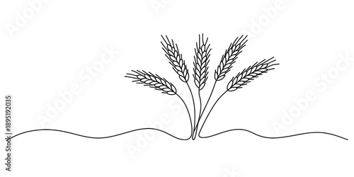 A single continuous line drawing of several wheat ears growing from the ground Vector, illustration
