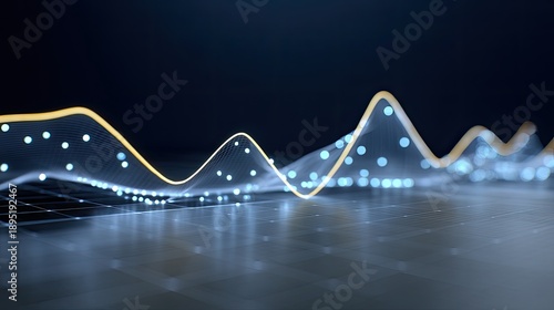 Abstract digital wave graph with luminous particles and glowing lines on a dark background, representing data analytics and technology concepts
