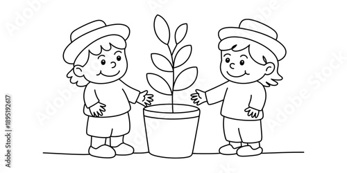 Two happy children stand on either side of a potted plant, ready to care for it.