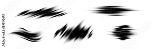 Set of abstract halftone brush strokes. Vector black and white dotted grunge textures, speed lines, and ink smears. Retro comic style design elements isolated.