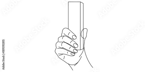 An illustration depicting a human hand grasping a rectangular block against a white background.