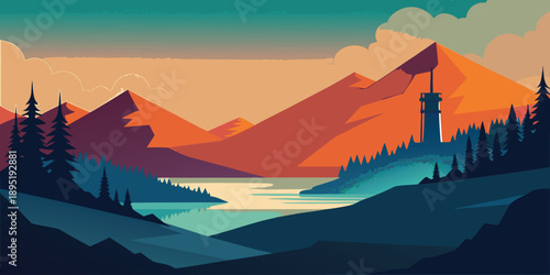 Sunset over mountain lake