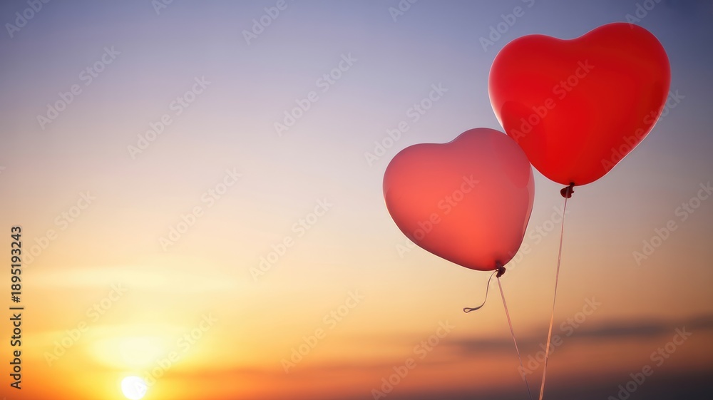 Fototapeta premium Two red heart shaped balloons floating at sunset