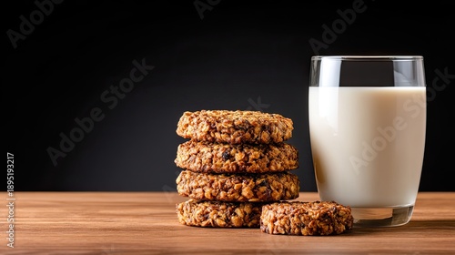 Freshly Baked Crunchy Cookies Stacked Next to a Tall Glass of Milk on a Wooden Table with Dark Background