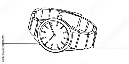 A minimalist continuous line drawing depicting a classic analog wristwatch Vector, illustration