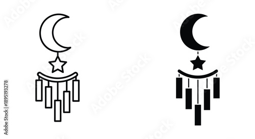 Dreamcatcher with Crescent Moon and Star, Black and White Vector Illustration