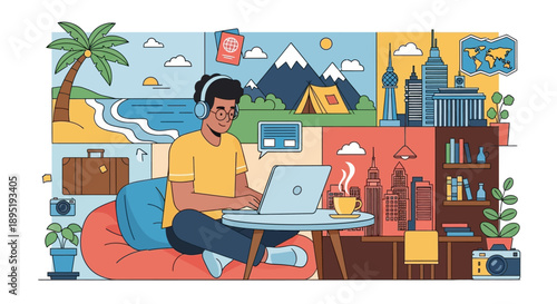 Man Working on Laptop Remotely Relaxing.