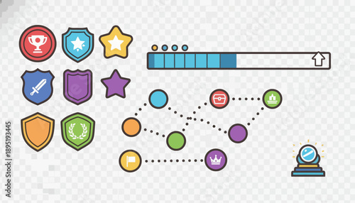 Game Achievement Progress and Badge Mechanics – Vector Illustration