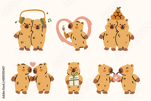 Capybara couple valentines character set.
