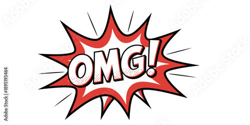 A dynamic pop art style graphic illustration featuring the text 'omg!' inside a red starburst shape Vector, illustration