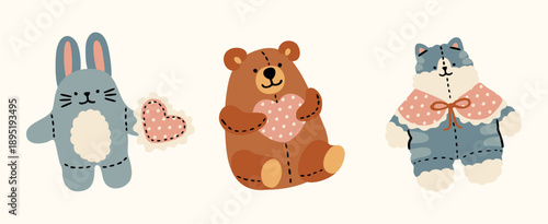 Cute plush toy animals set.