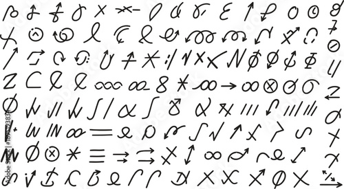 A collection of handwritten mathematical equations and symbols on a white background