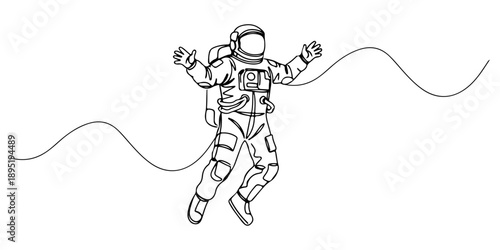 Continuous one line of an astronaut floating in space, representing exploration and wonder, drawn vector illustration.