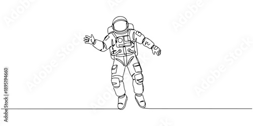 Continuous one line of an astronaut floating in space, representing exploration and wonder, drawn vector illustration.